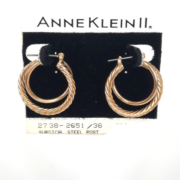 Anne Klein Vintage Made In Korea Gold Intertwined Double Hoop Earrings NOS - Picture 4 of 5